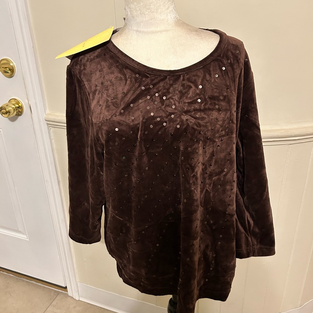 NWT Quacker Factory Chocolate Brown Velour Top 3/4 Sleeve/Size X-LARGE